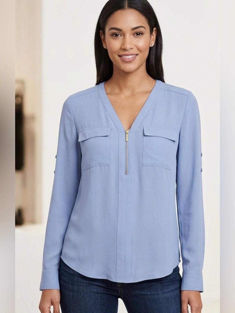 Express Light Blue V-Neck Zip-Front Long Sleeve Blouse